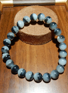 和田玉 8mm 青花聚宝盆黑白分明圆珠手串 油润单圈手饰