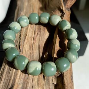 新疆和田玉沙枣青籽料老型珠手串 14mm 天然玉石手链男女文玩饰品