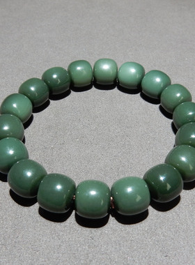 新疆和田玉沙枣青籽料手串12mm老型珠 天然玉石手链 男女款带证书