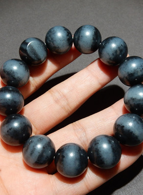 【青花籽料手串】新疆和田玉 16mm 一线天圆珠手串 油润单圈手饰