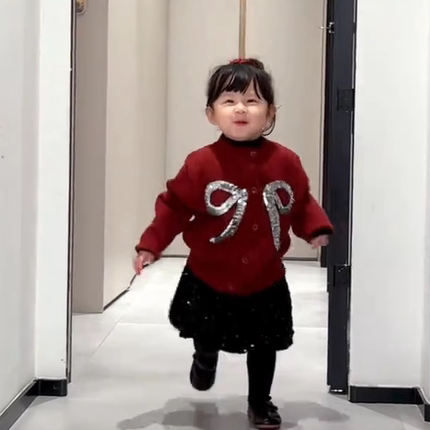 女童秋冬开衫裙子套装2024新年女宝宝红色蝴蝶结针织毛衣亮片半裙