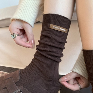咖色字母布标小腿袜子女韩系ins潮百搭显瘦堆堆袜秋冬美拉德长袜