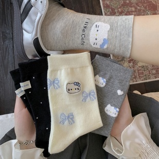 hellokitty袜子女纯棉中筒袜日系可爱卡通猫咪堆堆袜ins设计师款