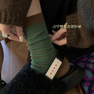 复古千鸟格袜子女中筒袜秋冬款 棉袜日系文艺条纹双针双路长堆堆袜