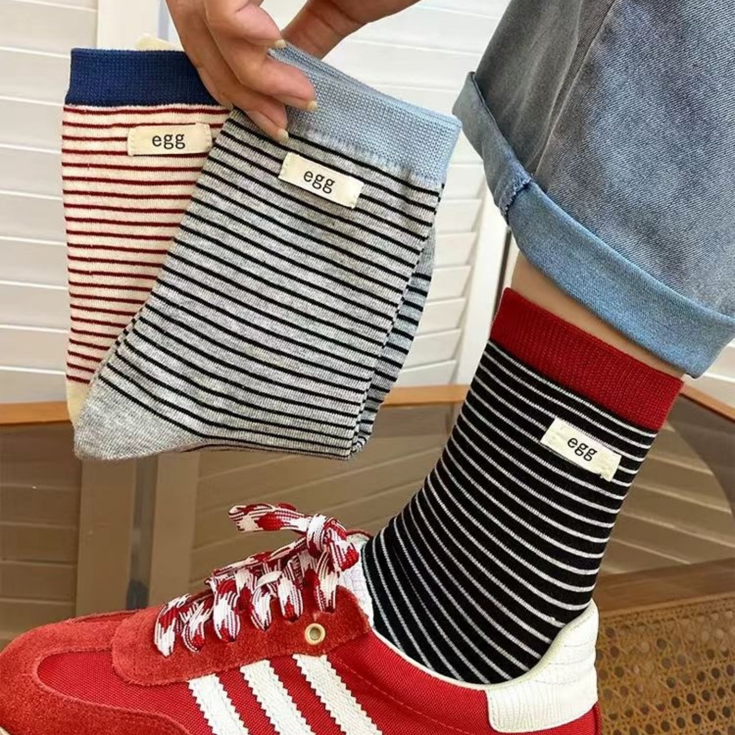 韩系时尚egg布标撞色条纹堆堆袜