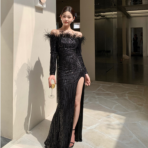 欣雪莎高端长款长袖露肩晚礼服