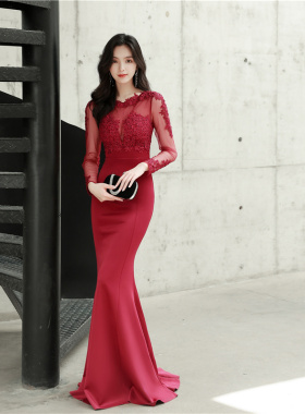 红色晚礼服女气场女王2026名媛宴会气质优雅绣花鱼尾敬酒服长袖