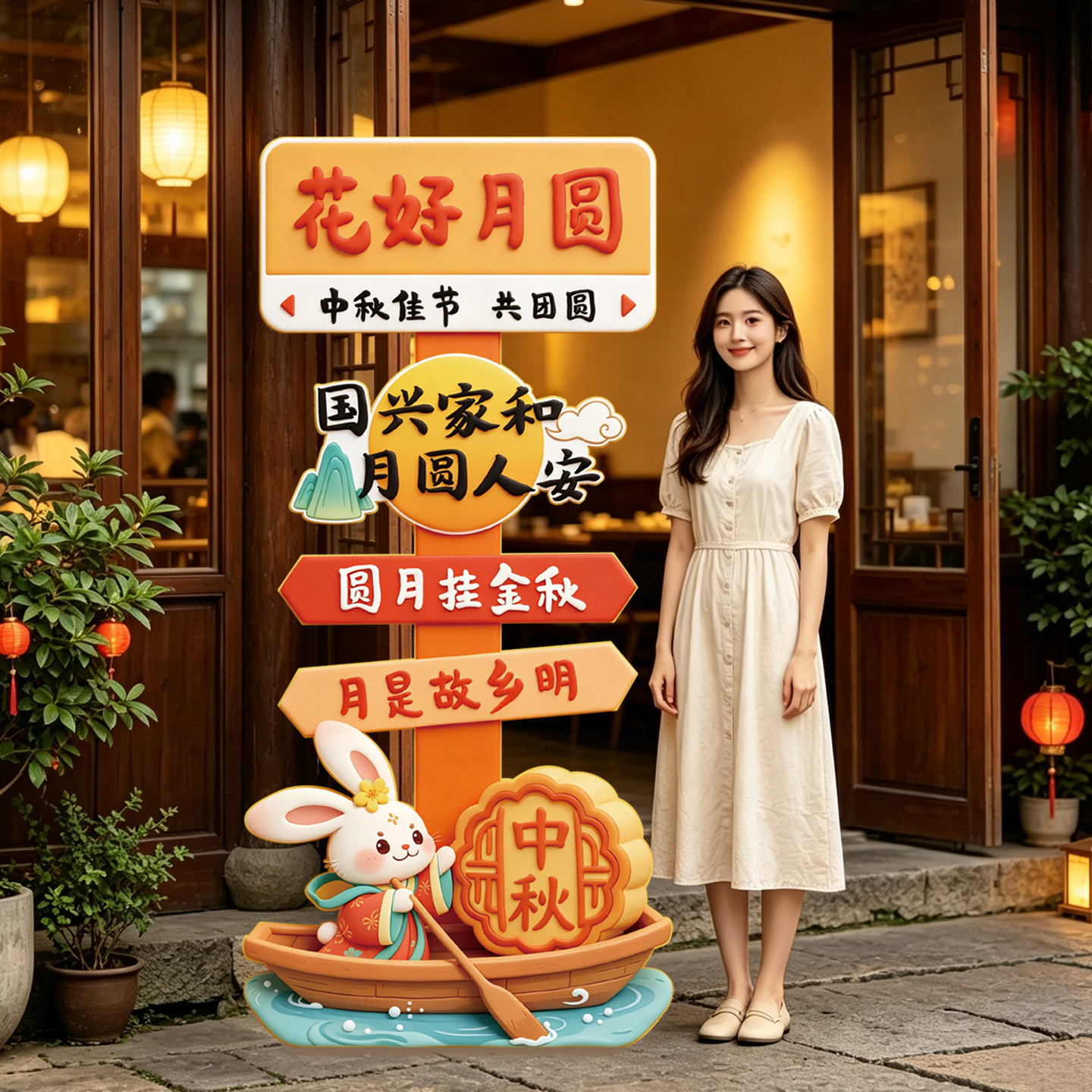 中秋节场景布置装饰品学校商场店铺氛围活动kt板拍照相框灯笼摆件