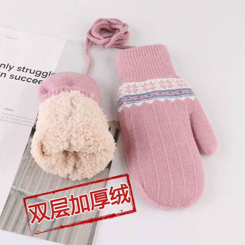 手套女冬韩版加绒加厚防寒保暖毛线包指挂脖连指触屏可爱学生骑车