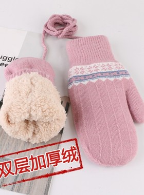 手套女冬韩版加绒加厚防寒保暖毛线包指挂脖连指触屏可爱学生骑车