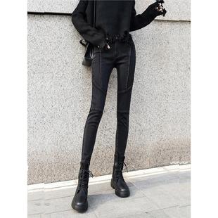 欧洲站紧身小脚牛仔裤女2025秋冬加绒加厚加长拼接修身显瘦铅笔裤
