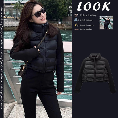 俏丝蔓新款修身显瘦黑色拼接棉服