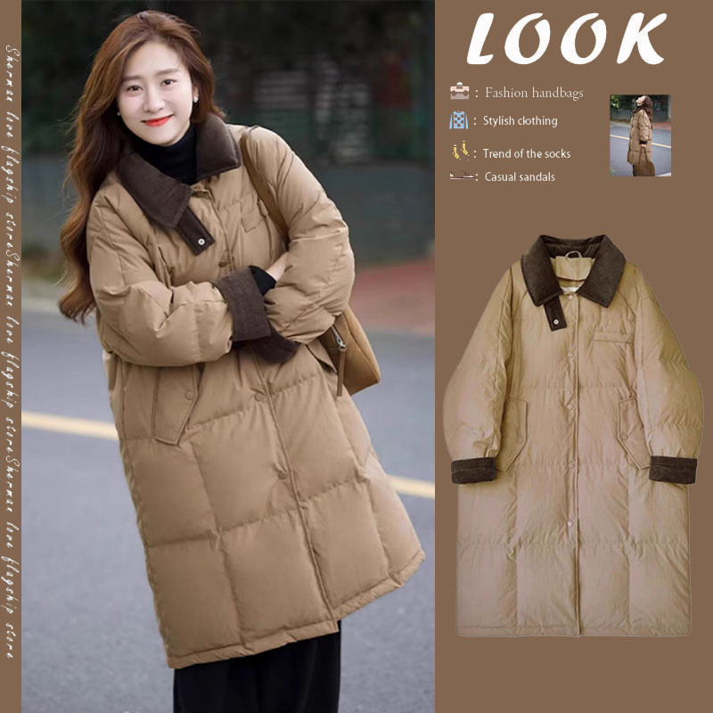 俏丝蔓翻领灯芯绒羽绒服女过膝