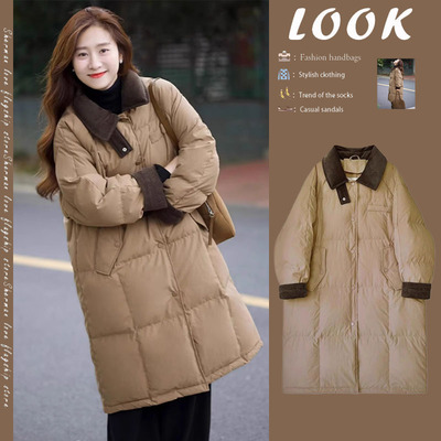 俏丝蔓翻领灯芯绒羽绒服女过膝