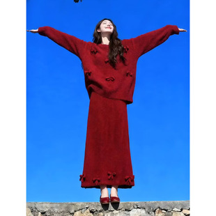 2026超火冬装圣诞穿搭一整套气质女神范慵懒毛衣两件套装女连衣裙