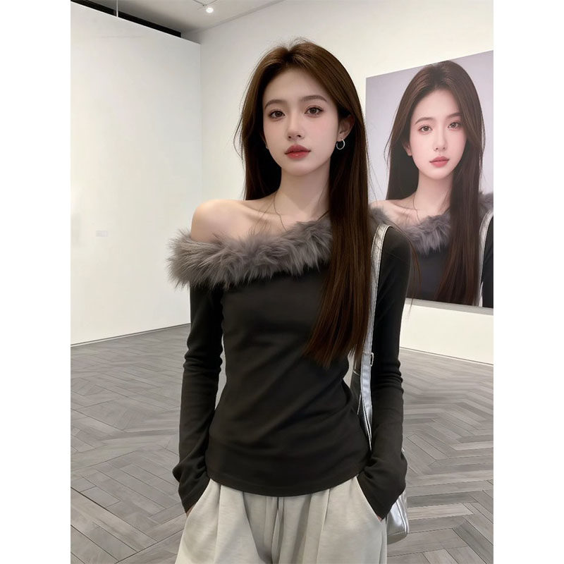 早春气质高级感螺纹德绒斜肩毛领长袖t恤女纯欲露肩打底衫上衣潮,女装/女士精品,大码内搭,淘宝优惠券,粉丝福利购,淘宝优惠卷