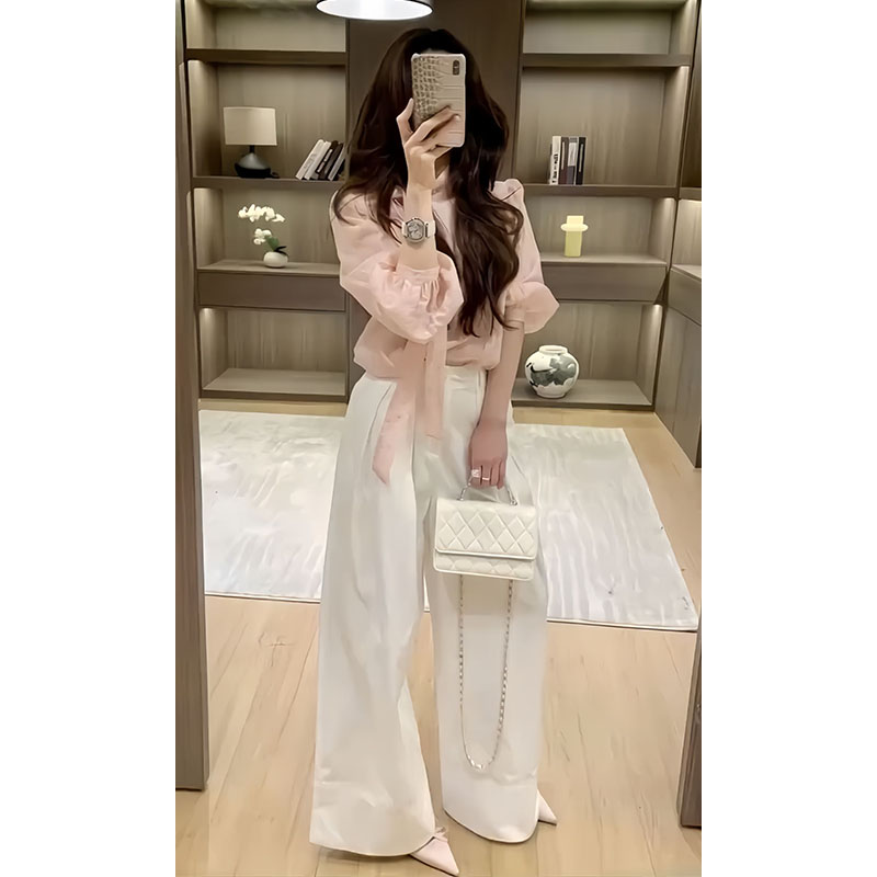 2025初秋新款法式高级感粉色泡泡袖衬衫职业百搭阔腿裤两件套装女