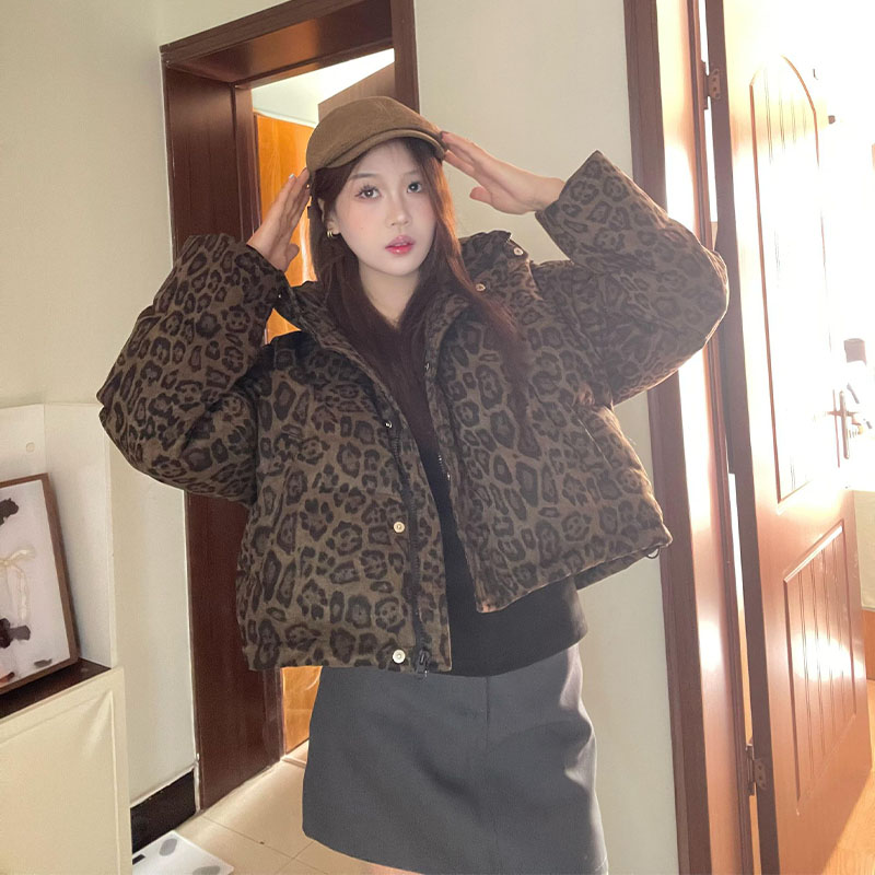 复古豹纹羽绒棉服女冬季棉袄外套