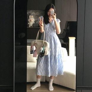 法式 韩系小个子独特漂亮长裙子 高级感小飞袖 蓝色收腰连衣裙女夏装