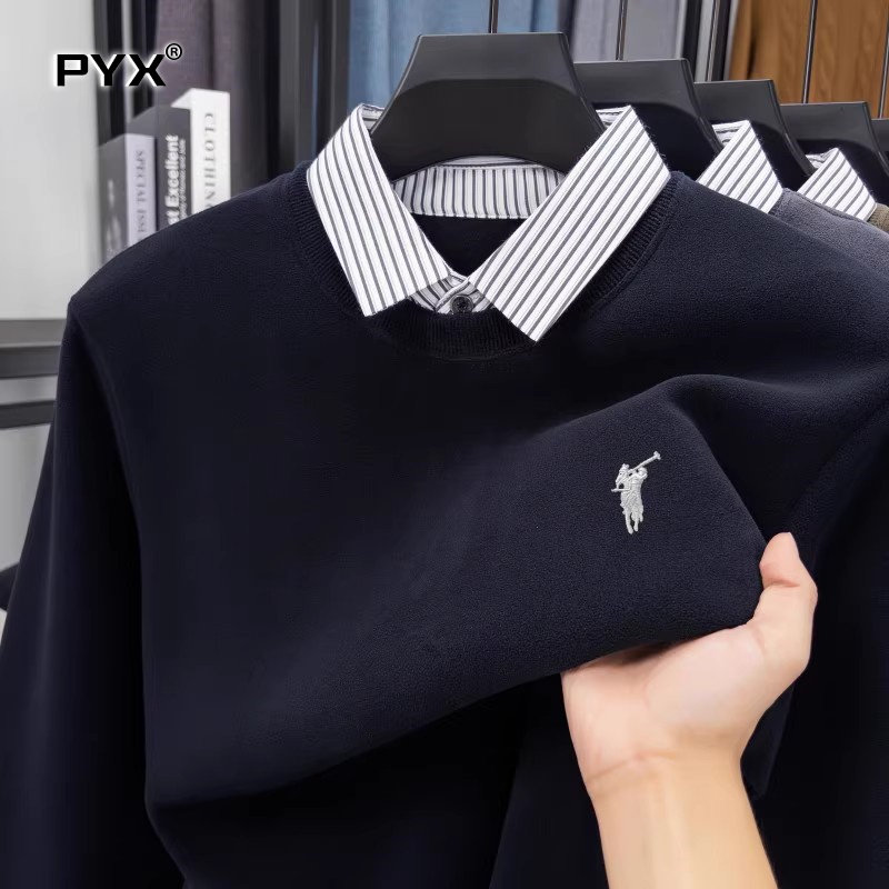 高端保罗假两件男士卫衣2025新款秋冬季商务衬衫领保暖上衣服男款