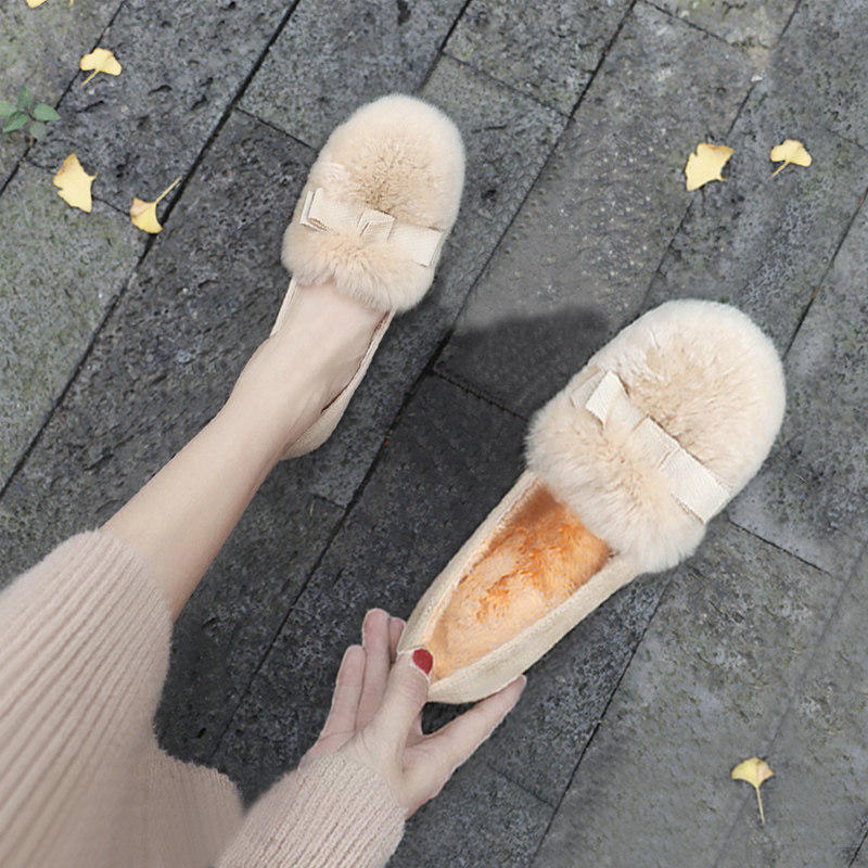 毛毛鞋女2025年新款冬季加绒保暖豆豆鞋韩版百搭平底中跟粗跟女鞋,女鞋,乐福鞋（豆豆鞋）,淘宝优惠券,粉丝福利购,淘宝优惠卷