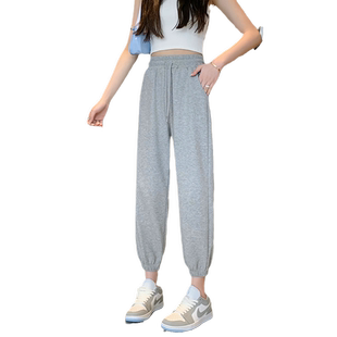 薄款运动裤女宽松束脚灰色春夏季高腰垂感百搭八分小个子休闲卫裤