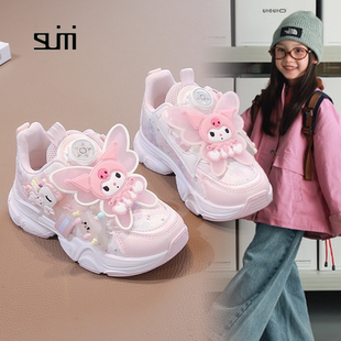 中大童女孩软底童鞋 春秋新款 防滑厚底老爹鞋 女童皮面库洛米纽扣鞋