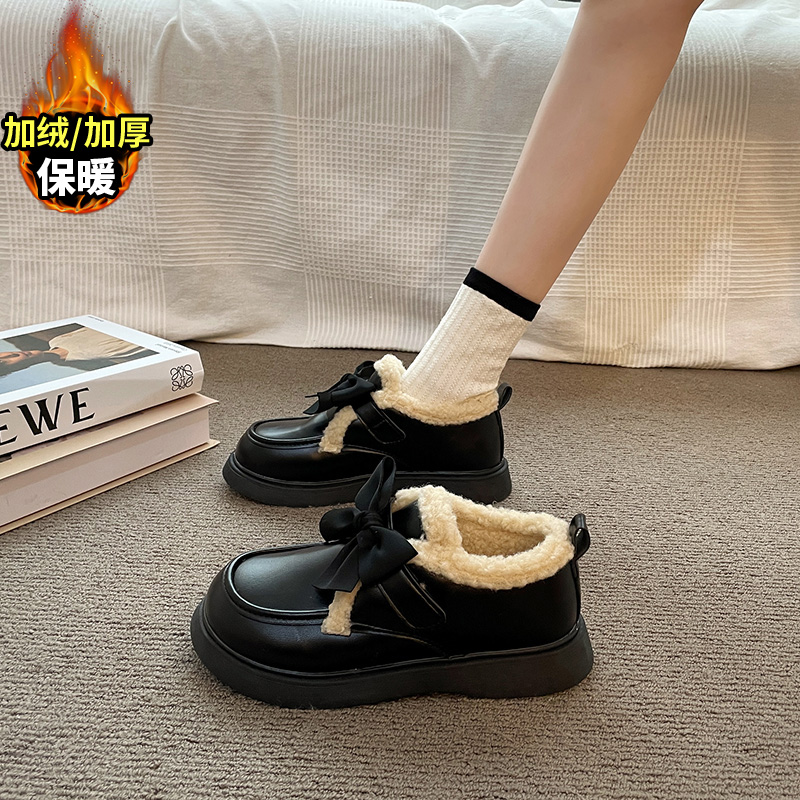 女童小皮鞋黑色蝴蝶结二棉鞋子