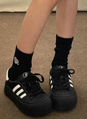 儿童百搭德训休闲厚底圆头板鞋黑色运动鞋德训增高爆款贝壳美式鞋