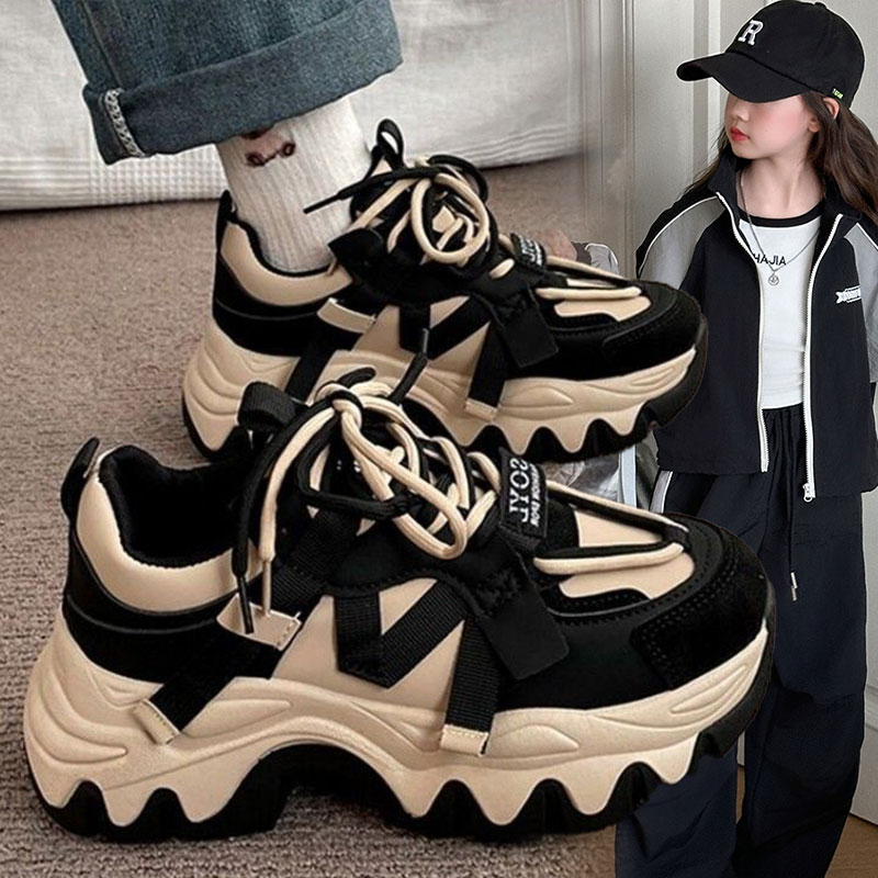 女童鞋秋季2025新款儿童防滑皮面运动鞋中大童女孩潮牌厚底老爹鞋