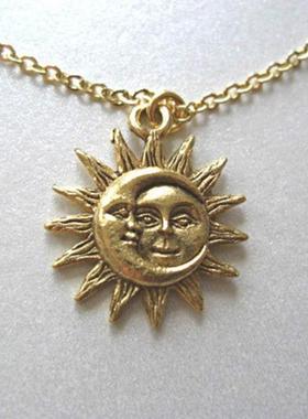 跨境欧美时尚太阳和月亮吊坠项链人脸太阳复古速卖通