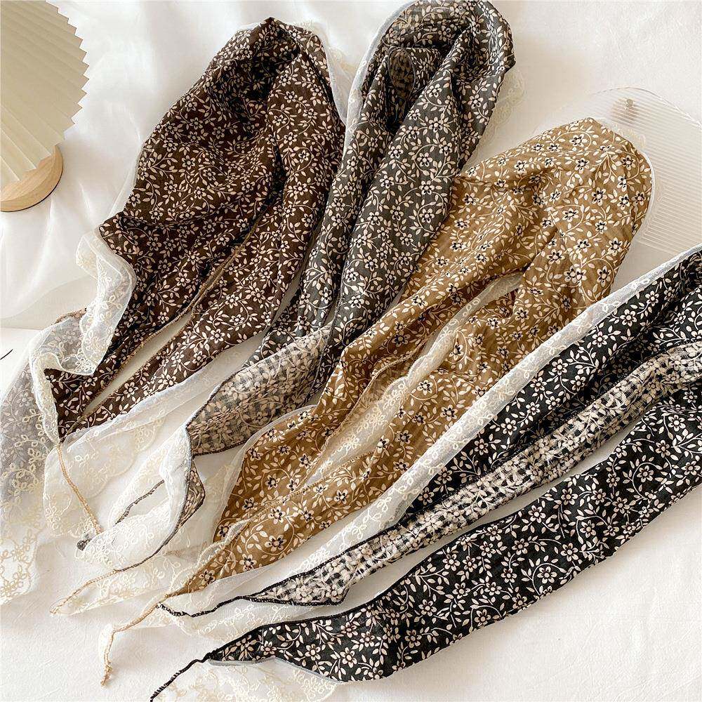 春秋季韩国百搭拼接蕾丝棉麻围巾三角巾小披肩丝巾女韩版装饰领巾