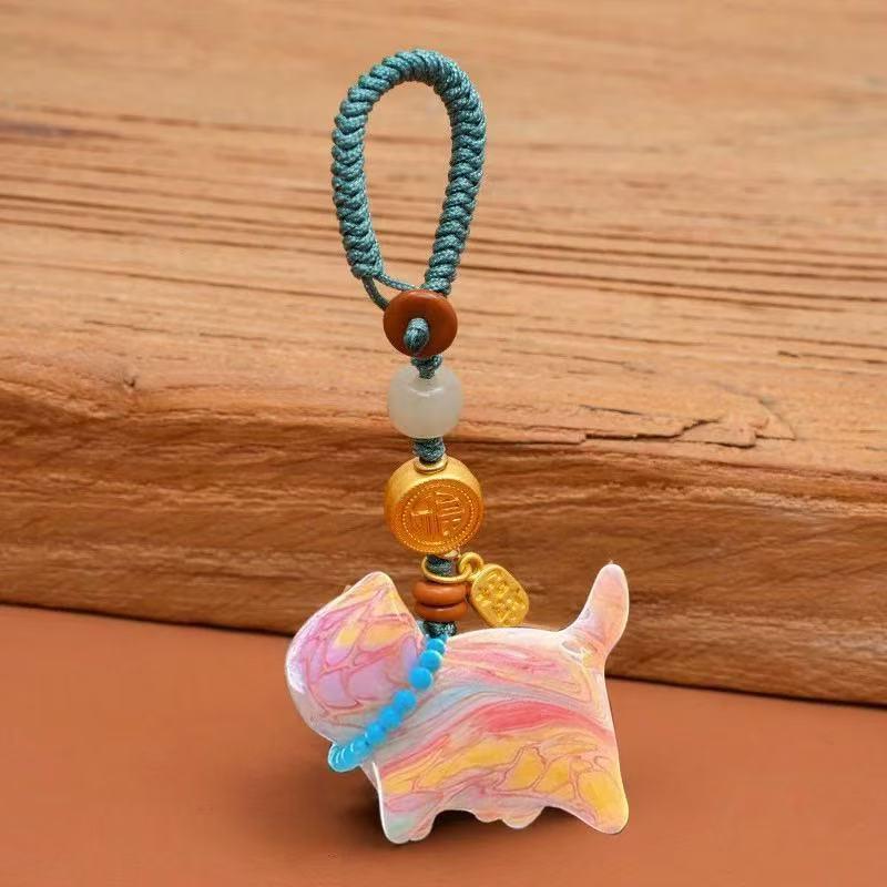 天然檀木包挂猫咪钥匙扣国风流苏款大漆多彩可爱礼物钥匙饰品