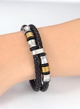 跨境男士牛皮手镯编织圆皮绳穿珠双层手链男士个性磁吸扣手环