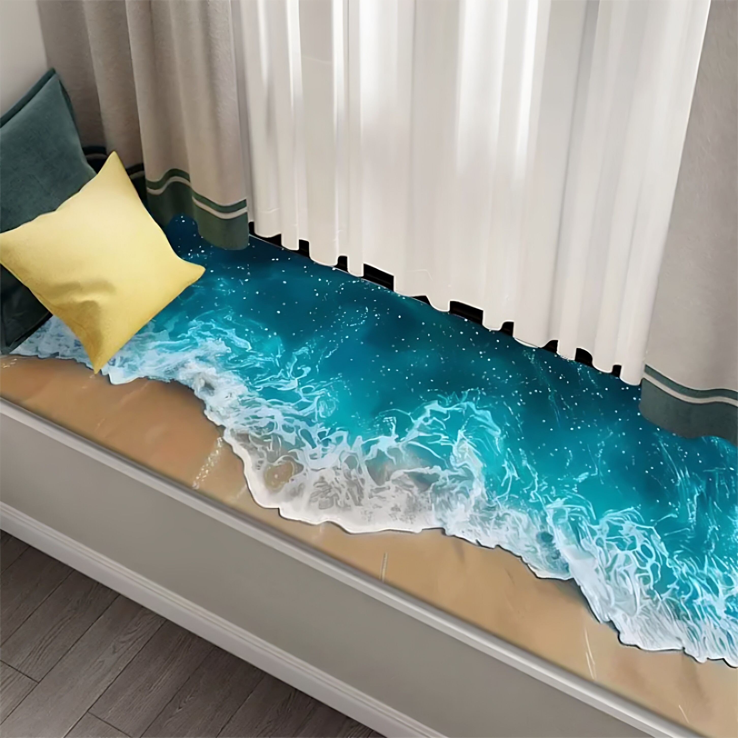 3D海洋风景飘窗垫蓝色海浪阳台坐垫定制家居装饰垫卧室床边防滑垫