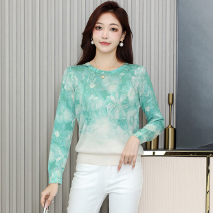 25年春新款荣澜天丝羊毛衫印花烫钻薄款大码女针织打底衫长袖毛衣