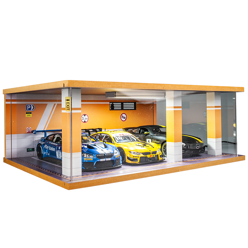 1:24仿真汽车模型停车库木质拼装防尘收藏展示盒带灯光停车场摆件