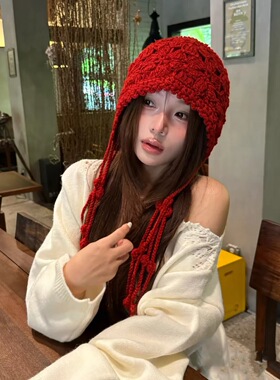 川西旅游花朵流苏红色毛线帽子女秋冬针织包头帽护耳显脸小套头帽