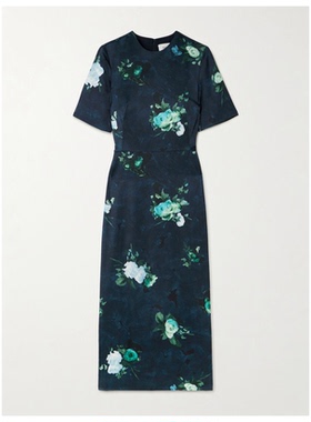 Erdem 印花丝硬缎中长连衣裙女OL风百搭仙女裙ins伴娘裙婚礼裙