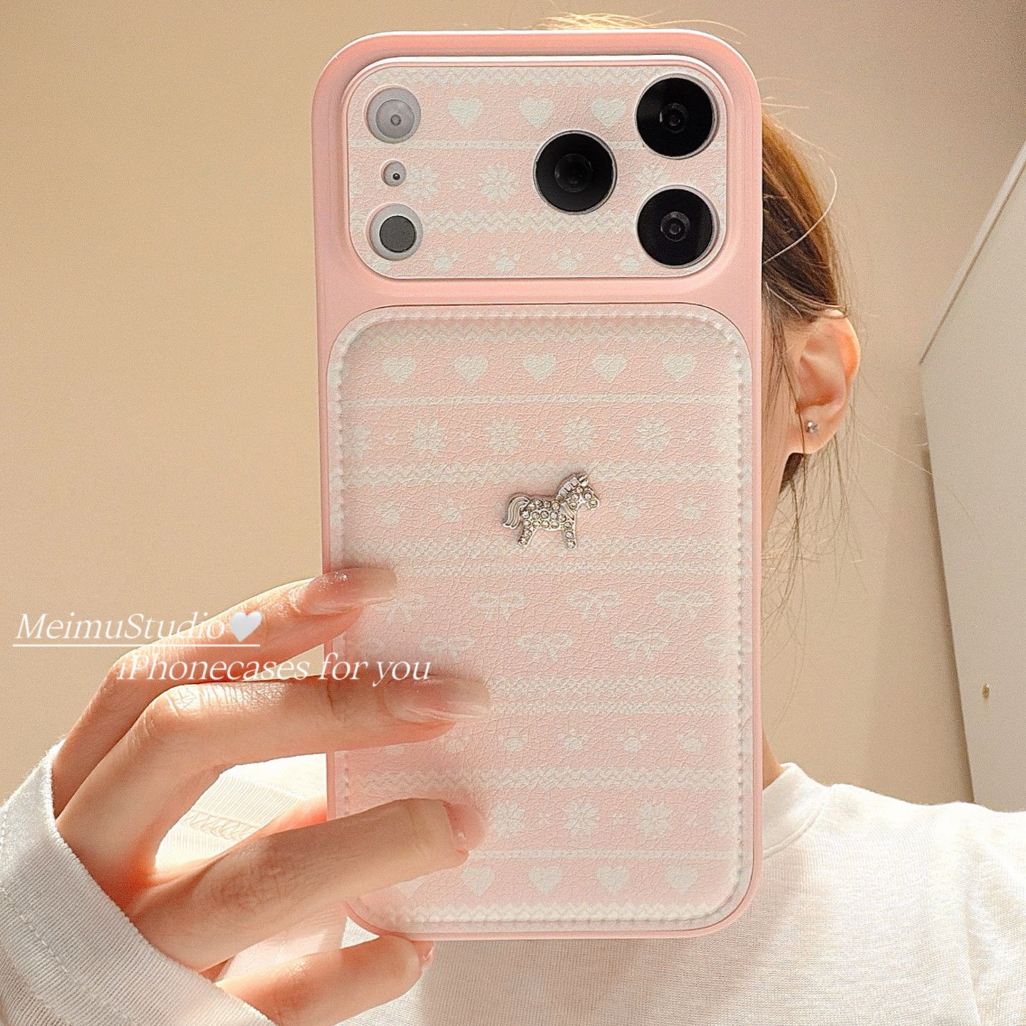美牧甜美ins粉色费尔岛立体小马适用iphone17手机壳苹果16promax新款15少女17pro皮质14pm大视窗16卡通13全包