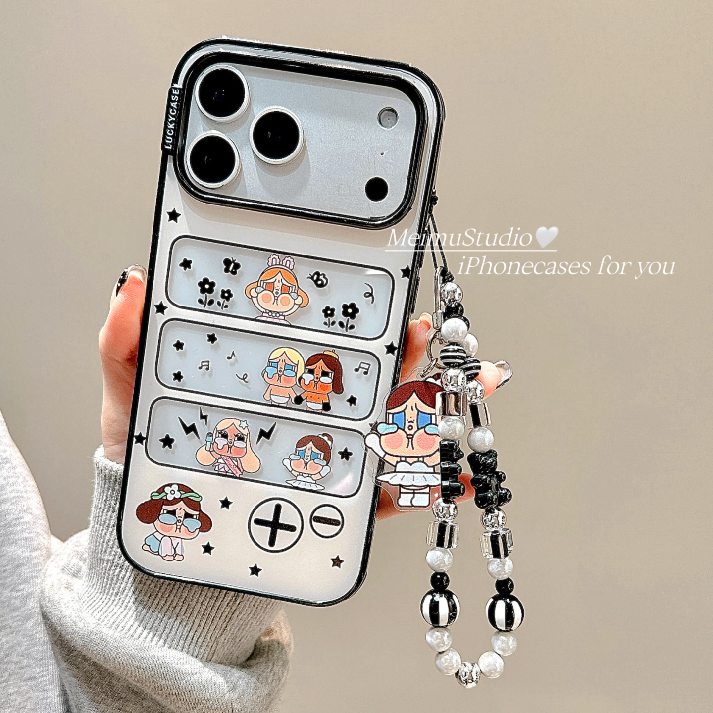 美牧韩风ins透明镂空条纹哭娃适用苹果17pro手机壳iphone16promax新款15带链条17可爱14卡通15pm女16个性全包