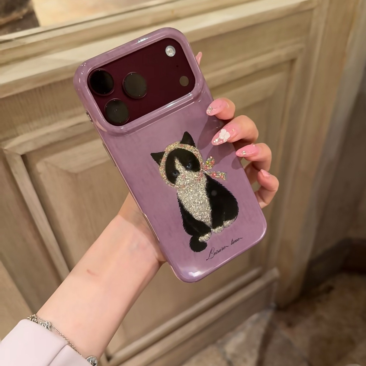 美牧古早可爱紫色亮闪头巾猫咪适用苹果18promax手机壳iphone17promax新款15女16pro创意17pro全包防摔保护套