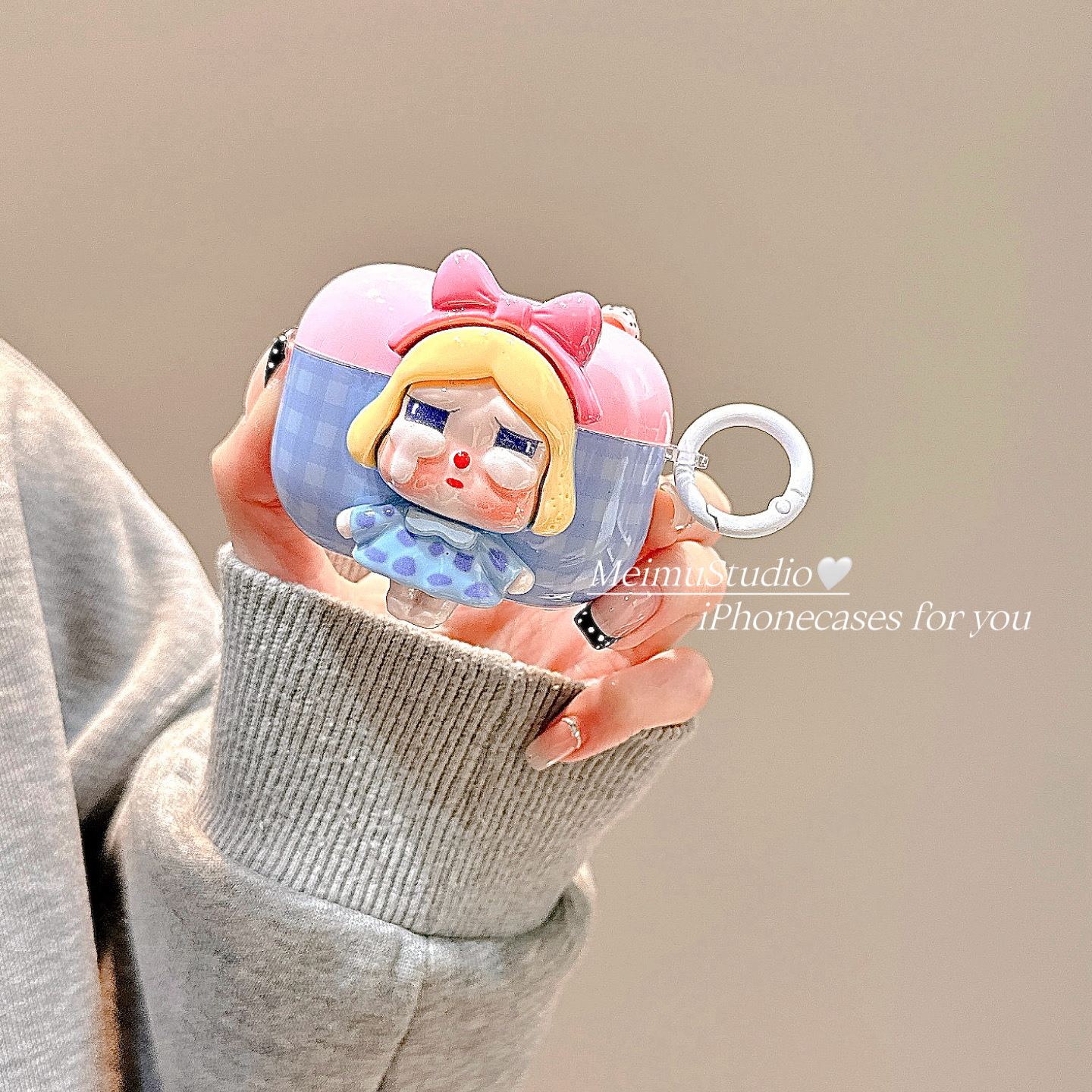 日韩格纹可爱哭娃适用苹果耳机壳