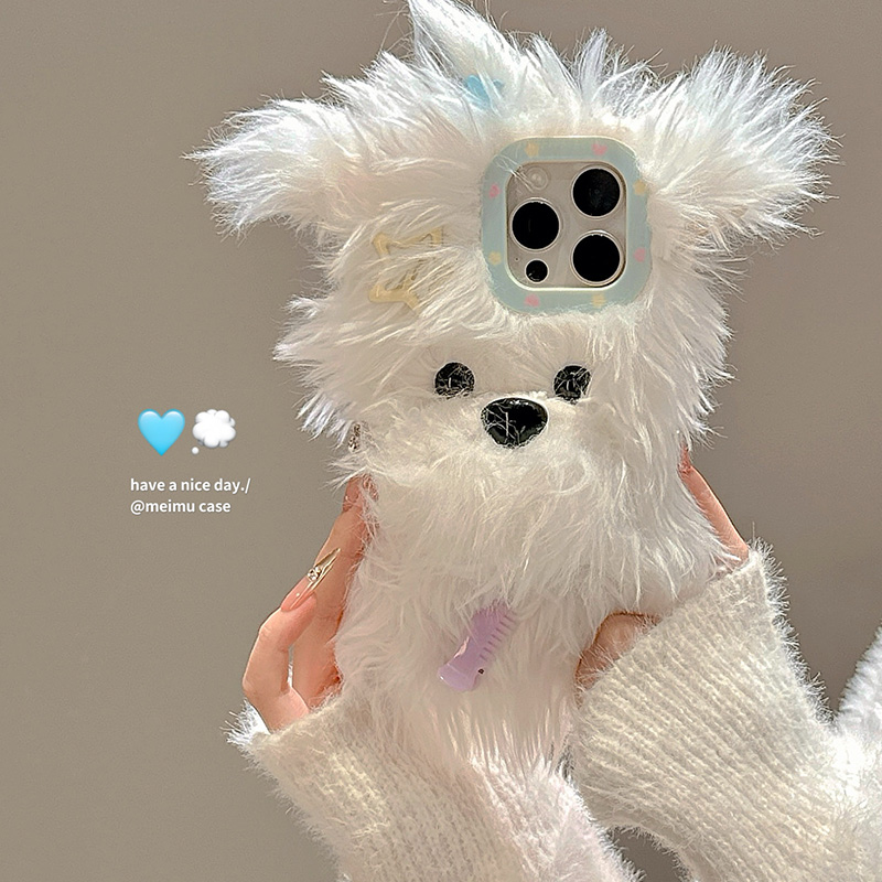 秋冬毛绒炸毛小狗适用苹果手机壳