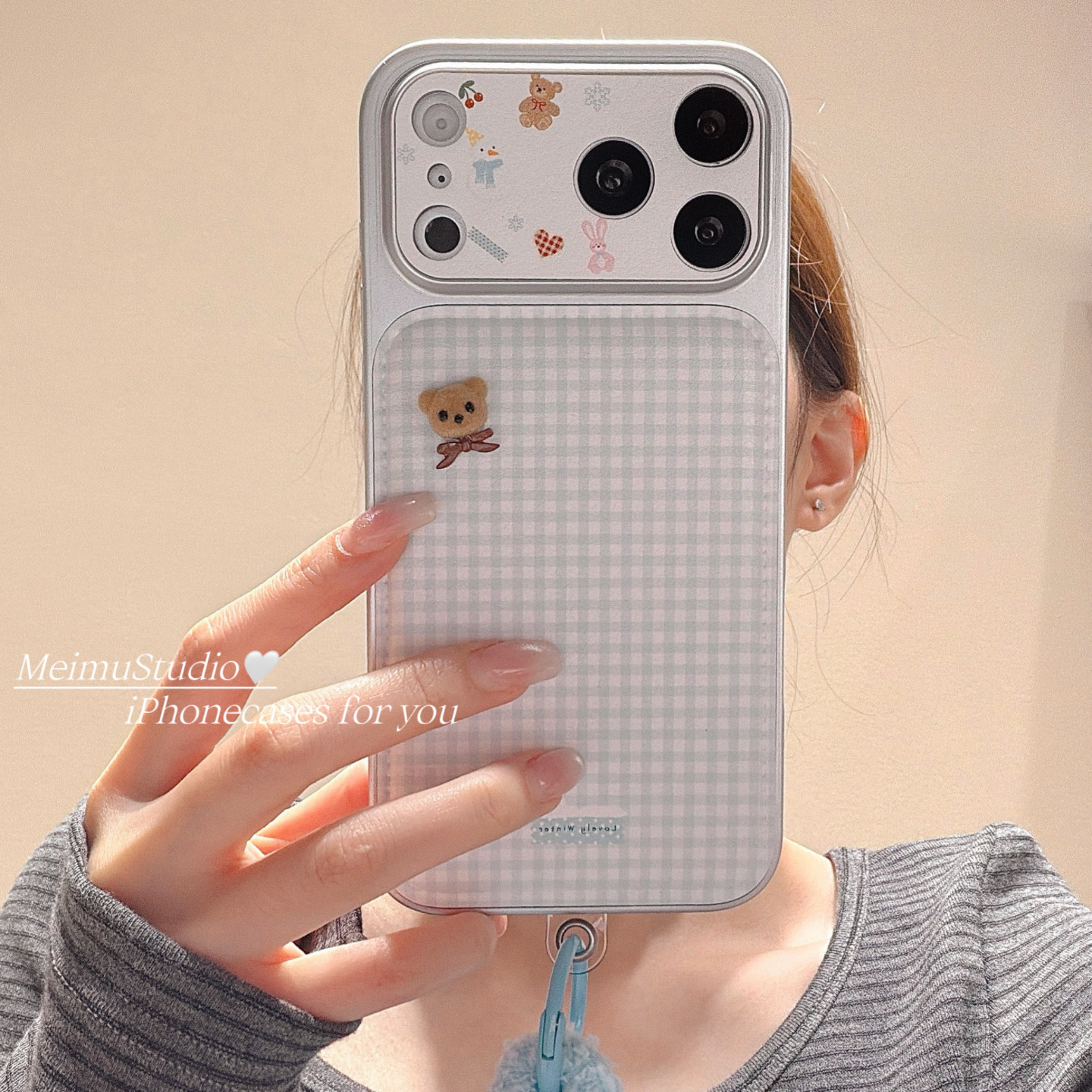 美牧日韩蓝色格纹立体小熊适用iphone17手机壳苹果16pro