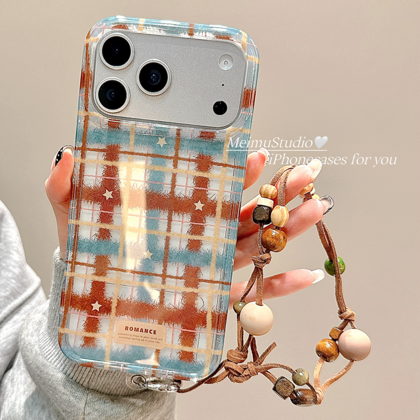 美牧复古蓝棕格纹星星带挂绳适用苹果17promax手机壳iphone16新款15pro秋冬17小众女14pm高级16pro简约13全包,3C数码配件,手机保护套/壳,淘宝优惠券,粉丝福利购,淘宝优惠卷