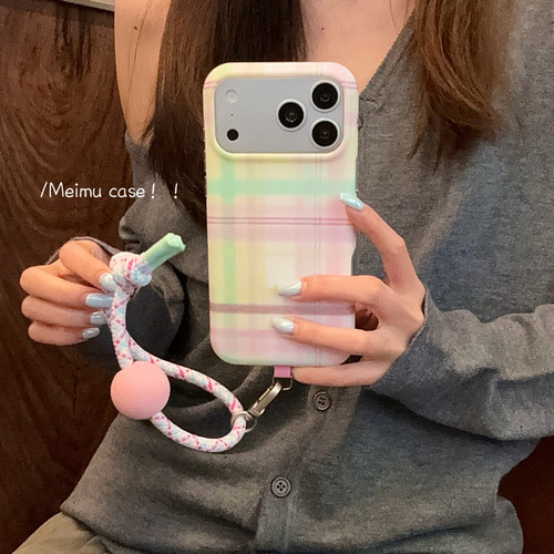 美牧 韩系甜美小清新马卡龙格纹适用苹果17promax手机壳iphone16pro新款15女17pro带挂绳15pro全包防摔手机套