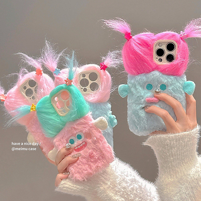 搞怪卡通毛绒辫子小怪兽适用iPhone17promax手机壳苹果17新款13秋冬毛茸14pro女16pro趣味12小众15promax全包