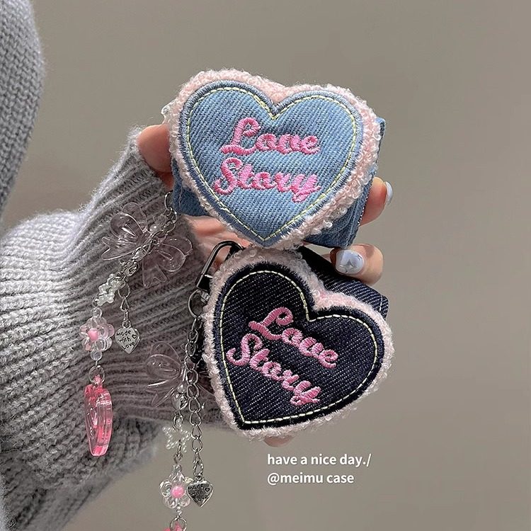 牛仔刺绣爱心适用airpods4保护套秋冬airpodspro2耳机套二代带挂坠苹果无线蓝牙airpods3卡通耳机盒三代包软