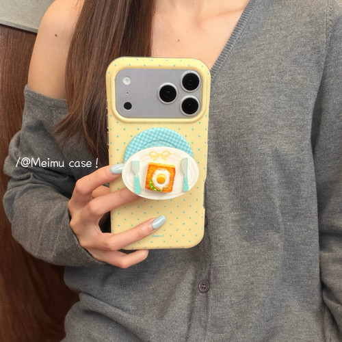 美牧 韩系奶黄波点餐具三明治适用苹果17promax手机壳iphone16pro新款15女17pro磁吸支架15pro全包防摔手机套